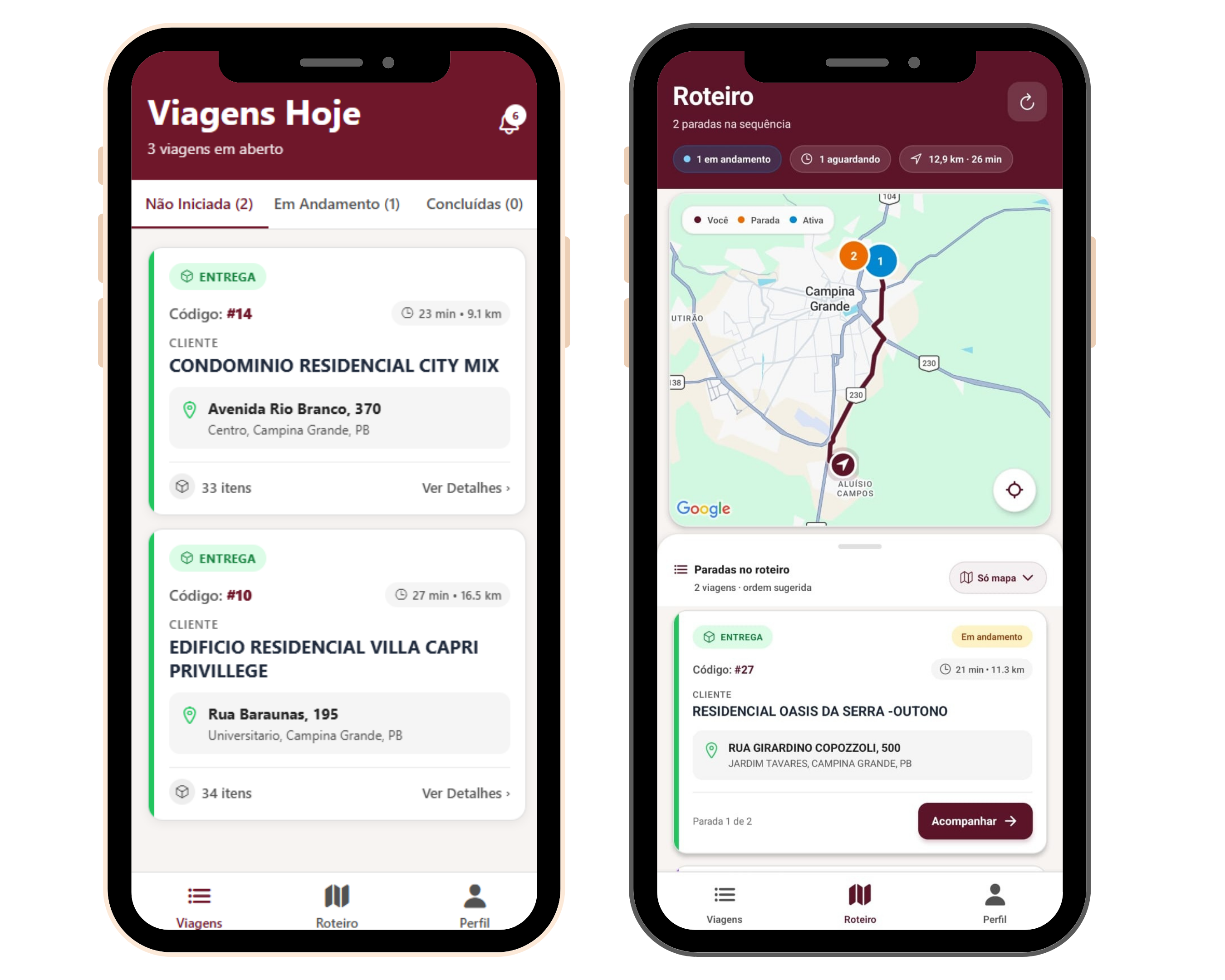 Telas reais do aplicativo CheckBox com viagens e roteiro do motorista